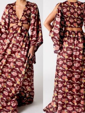 Miguelina Dress Zamora Maxi Cutout in Bordeaux Floral
